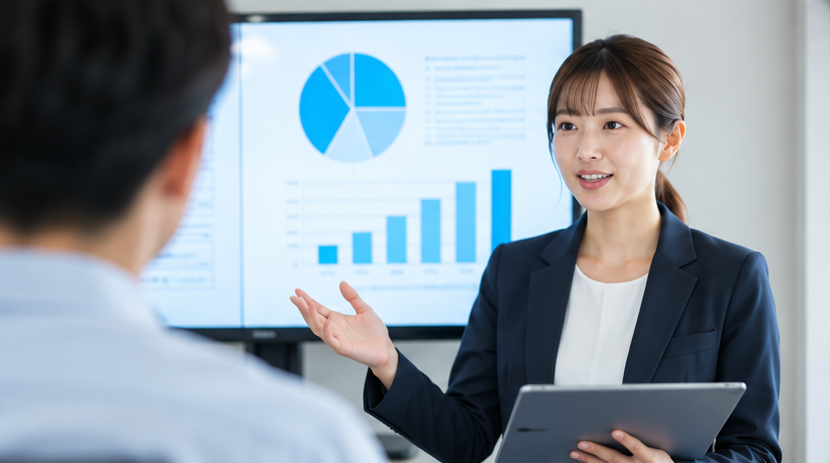 社内合意形成に向けて資料を説明する担当者のイメージ